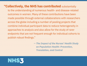 Collectively, the NHS has contributed substantially to the understanding of numerous health- and disease-related outcomes in women. Many of these contributions have been made possible through external collaborations with researchers across the globe including a number of pooling projects that combine individual participant data to reduce heterogeneity in approaches to analysis and also allow for the study of rarer endpoints that are not frequent enough for individual cohorts to publish robust findings.